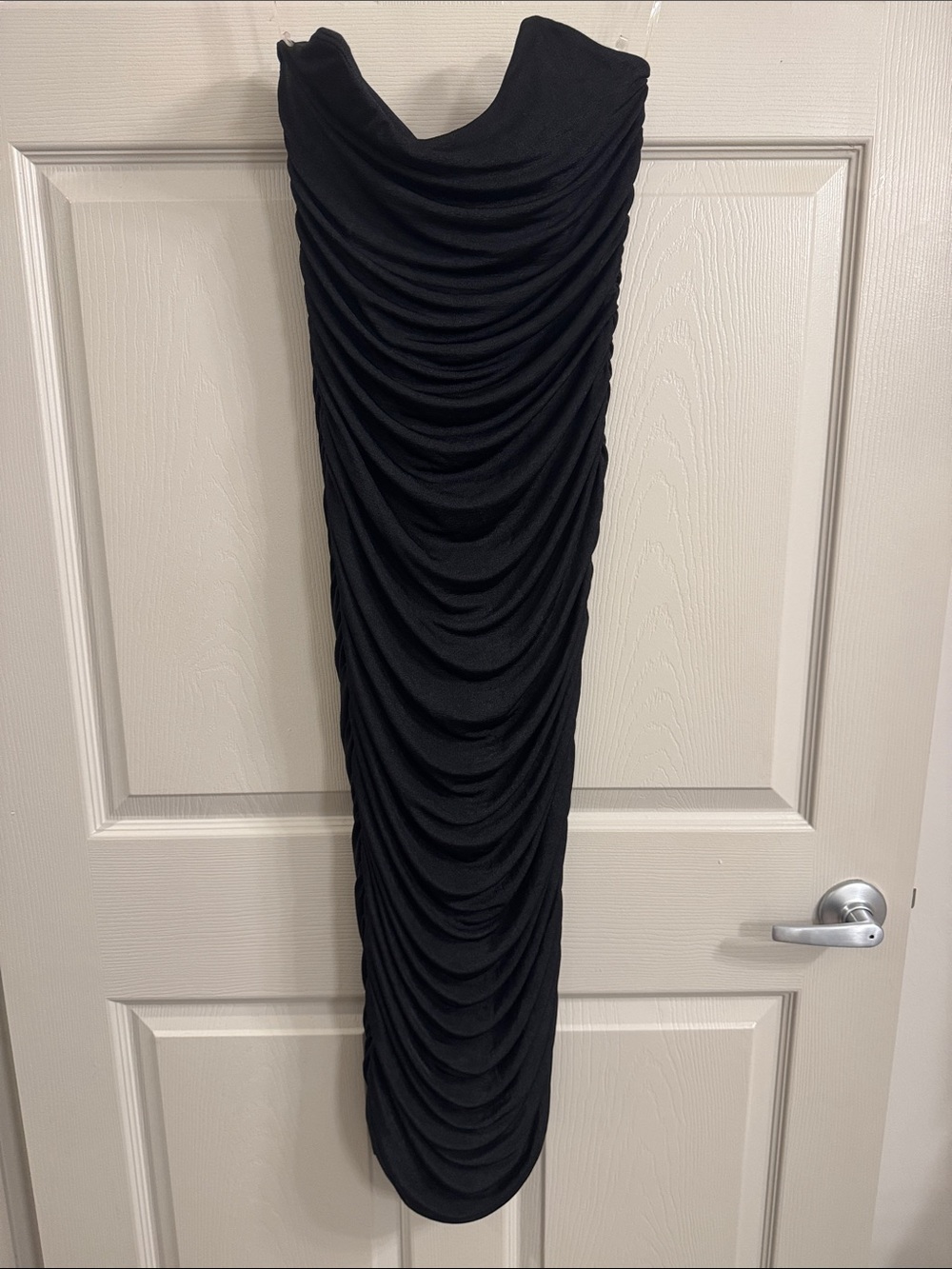Fashion Nova Black Draped Ruched Dress with Cowl Waist